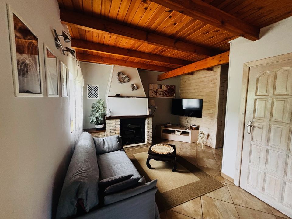 Living room with fireplace and wooden ceiling